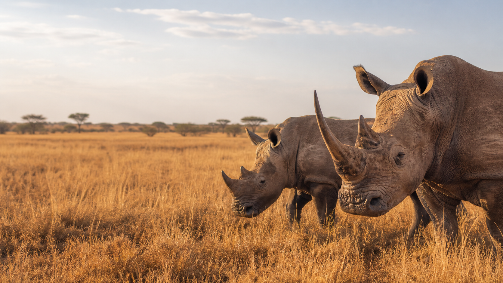 Two rhinoceroses in an African savanna