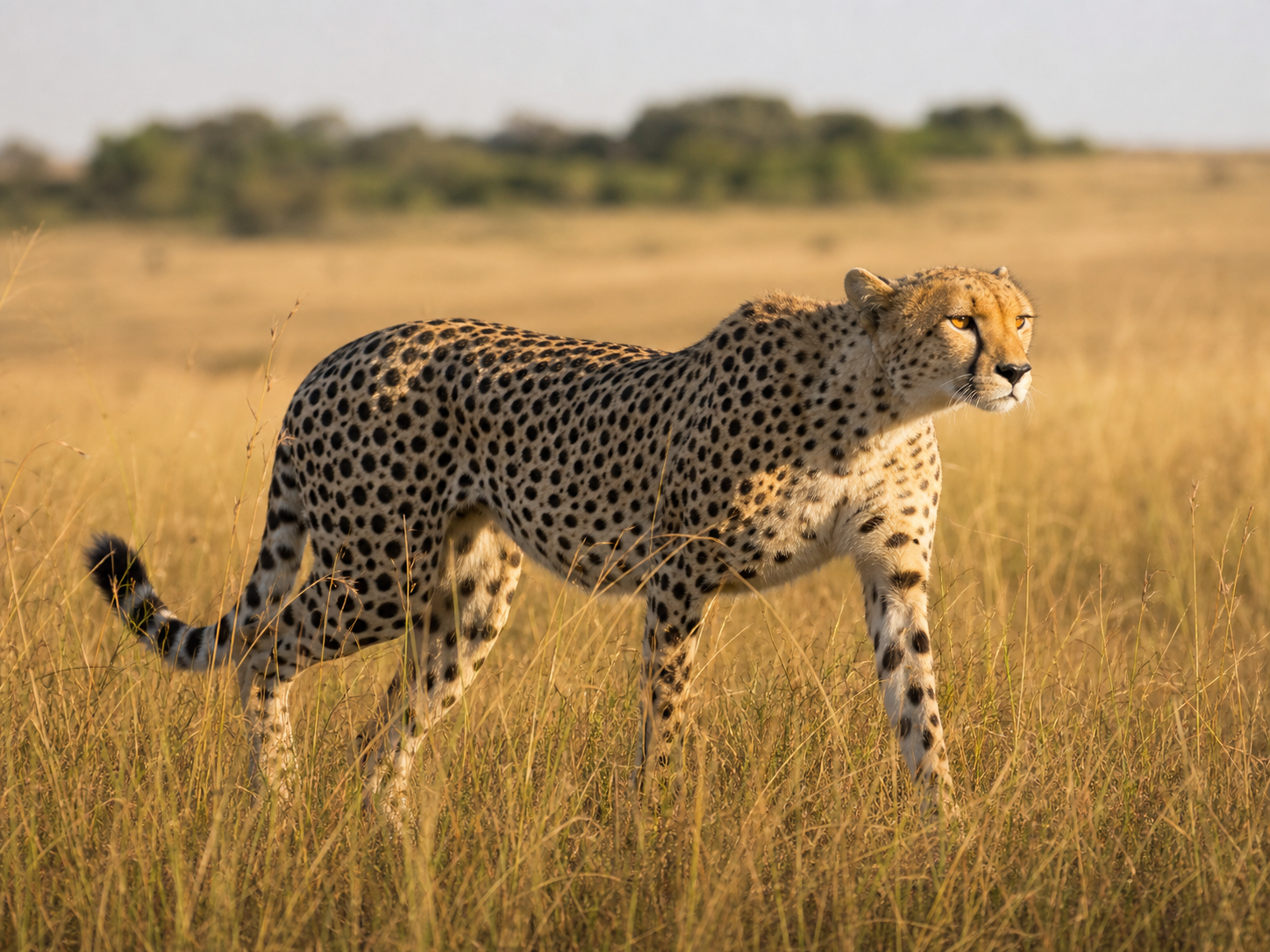 Cheetah walking through savanna grass